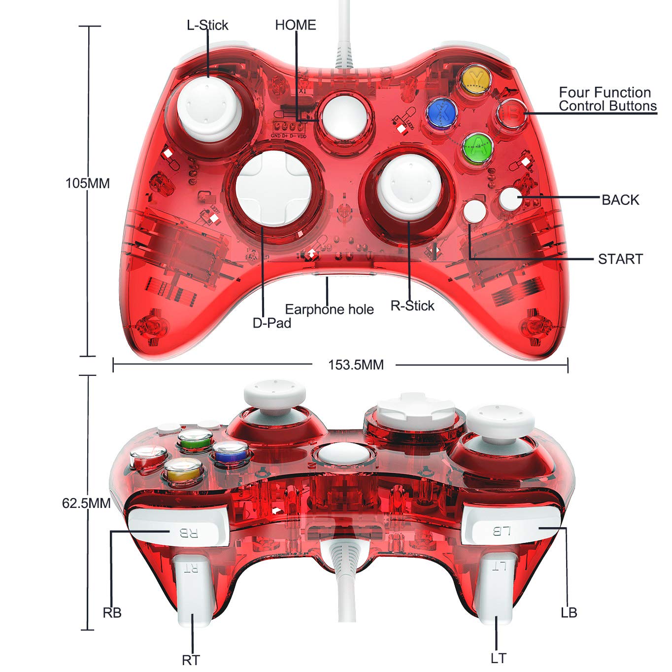 PAWHITS Wired Xbox 360 Controller with Cool LED, Compatible with Microsoft Xbox 360 & PC (Windows 11/10/8/7), Upgraded Joystick & Dual Vibration Gamepad Gaming Joypad (Red)