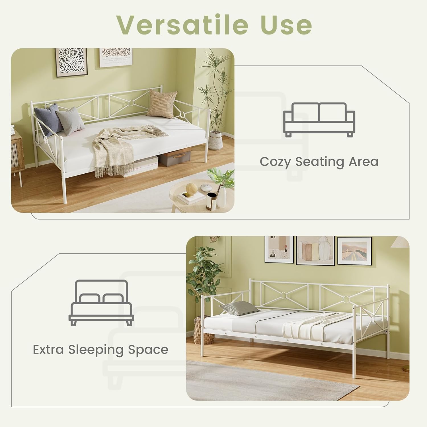 KOMFOTT Twin Size Metal Daybed Frame, Heavy-Duty Steel Slats Support Platform Bed Frame, Multifunctional Sofa Guest Bed with Headboard for Living Room, Bedroom, Guest Room, No Box Spring Needed