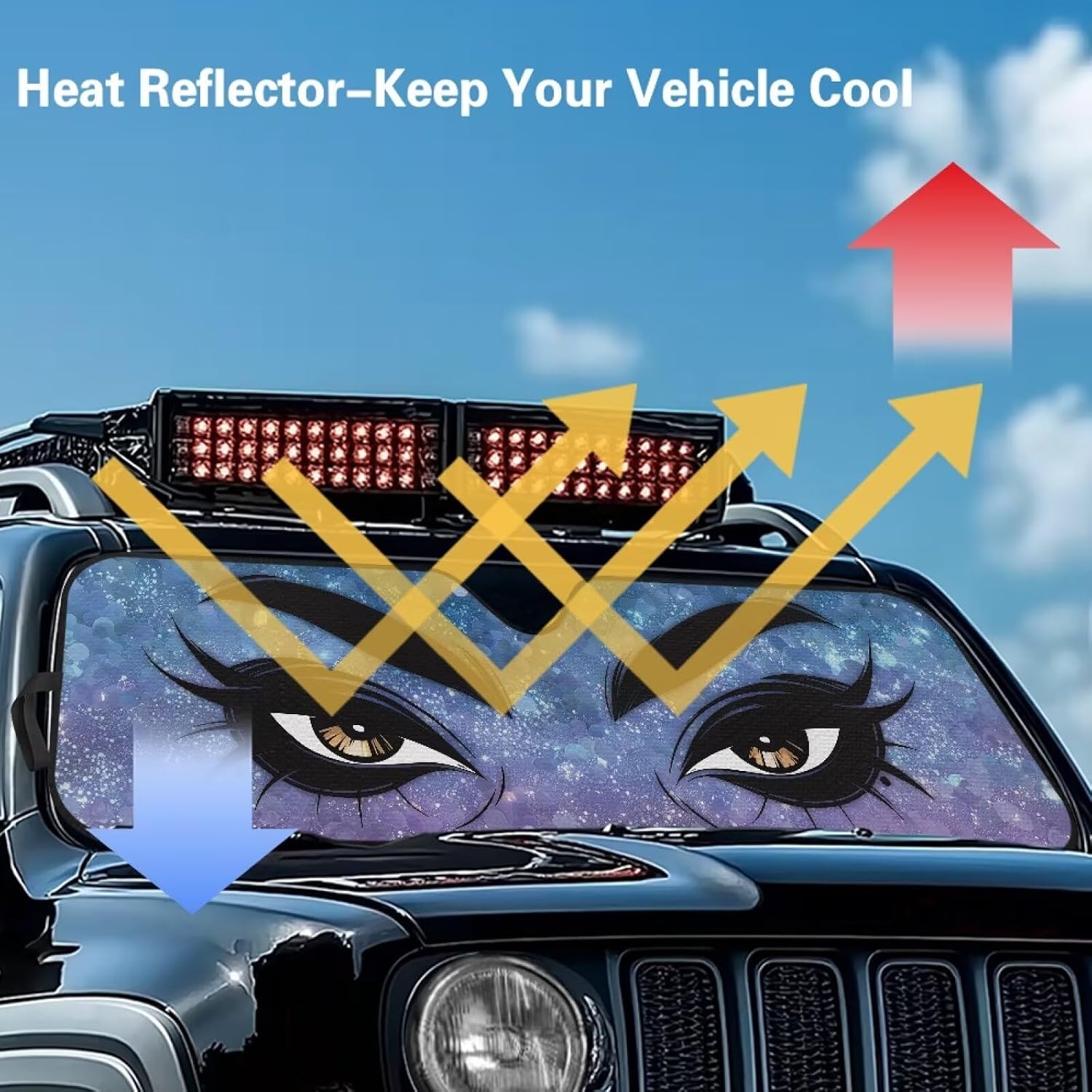 Car Sun Shade Windshield Portable Sun Visor for Jeep Wrangler JK JL Heat Shield Bolck UV Rays & Protect Car Interior Accessories for Family Use Purple Eyelash Print
