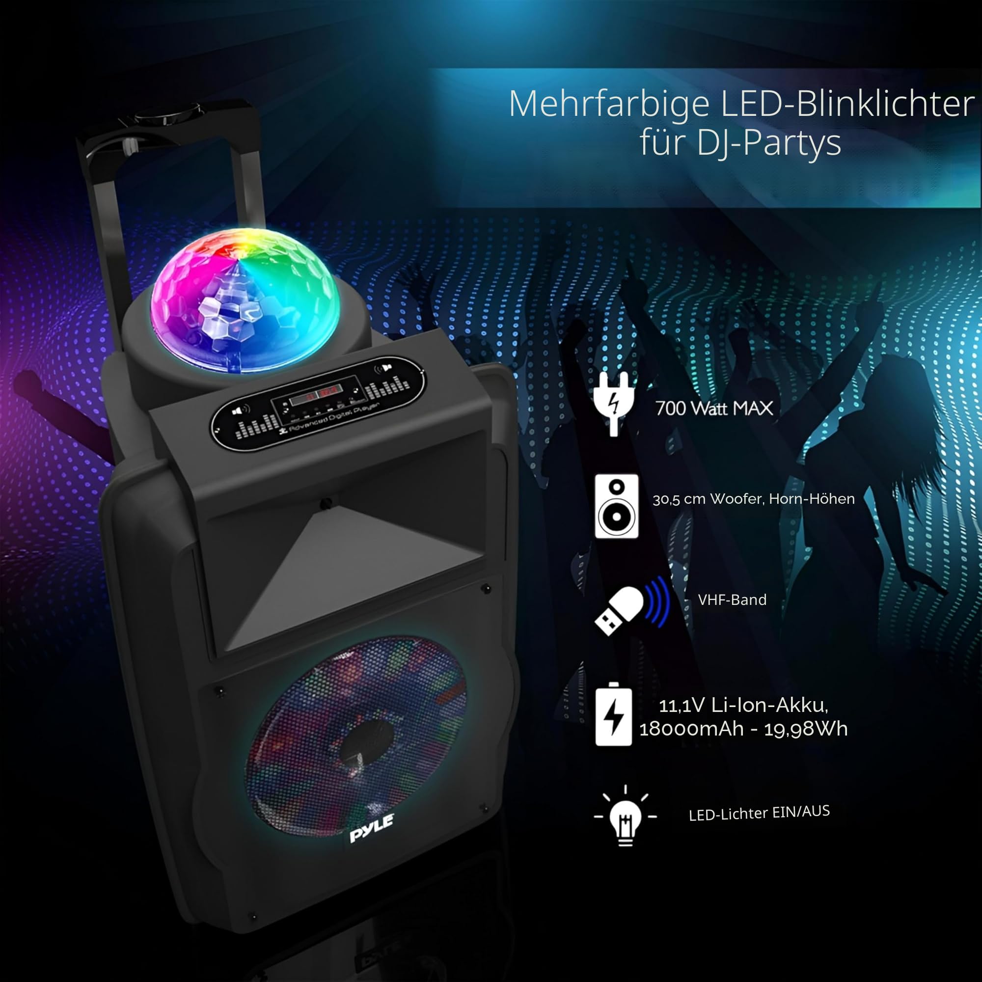 Pyle Partybox, Bluetooth Lautsprecher Groß, 700W- Boombox- mit aufladbare Batterien & Mic Set, Tragbare- Musik box, Karaoke Box- mit Farbige LED, Pa System- mit USB, SD, FM, BT, AUX, Griff & Räder
