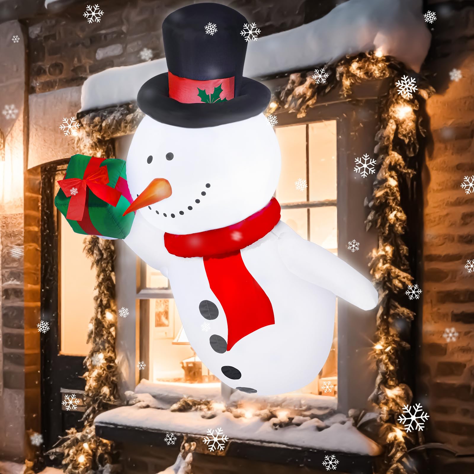 Wettarn Bonhomme de neige gonflable de Noël de 1,1 m avec boîte cadeau, décoration gonflable avec LED intégrée et ventilateur pour extérieur, cour, fête de Noël
