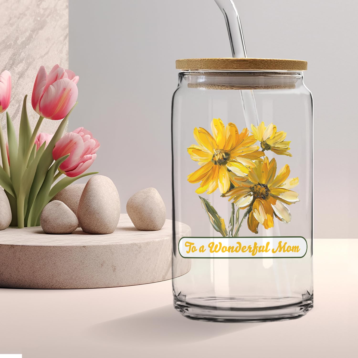 Sentiment House Mother's Day Drinking Glass - Mother's Day - Drinking Gift - Gifts For Her - Gifts for Moms - Drinking Gifts (To A Wonderful Mom Daisy)