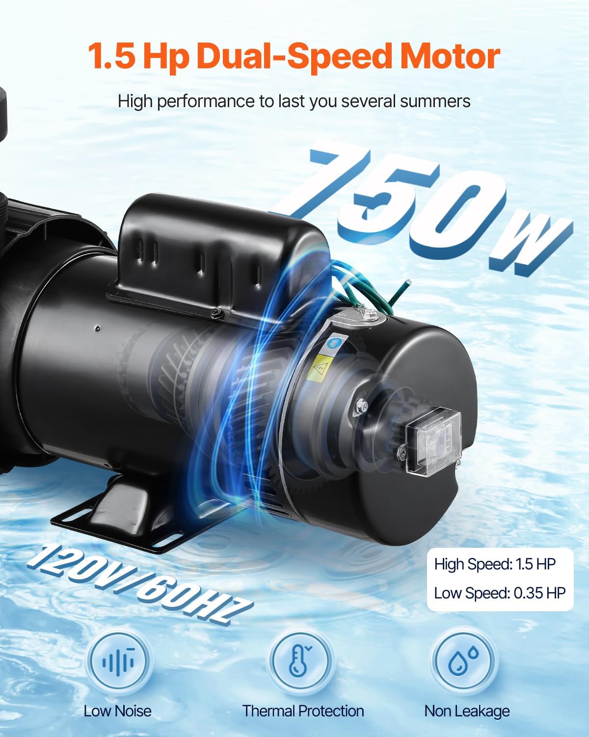 Close-up of the VEVOR pool pump motor, highlighting its 1.5 HP dual-speed capability and thermal protection.