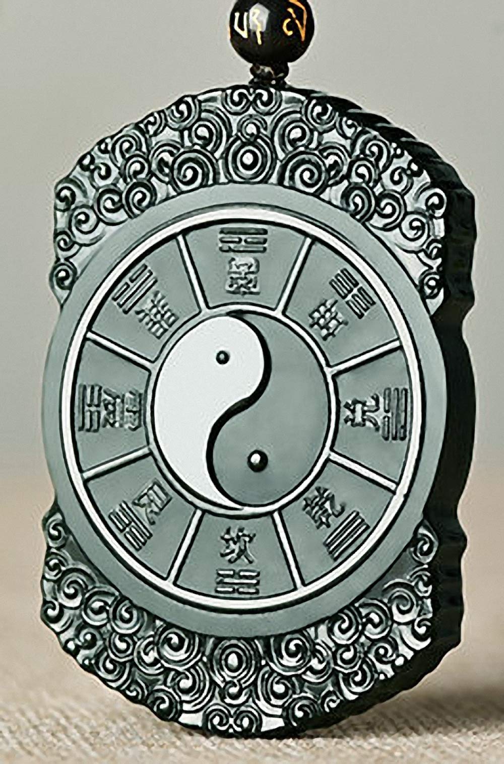 China Natural Hetian Green Jade Nephrite Carved Feng Shui Tai Chi Eight Diagrams Pendant Amulet