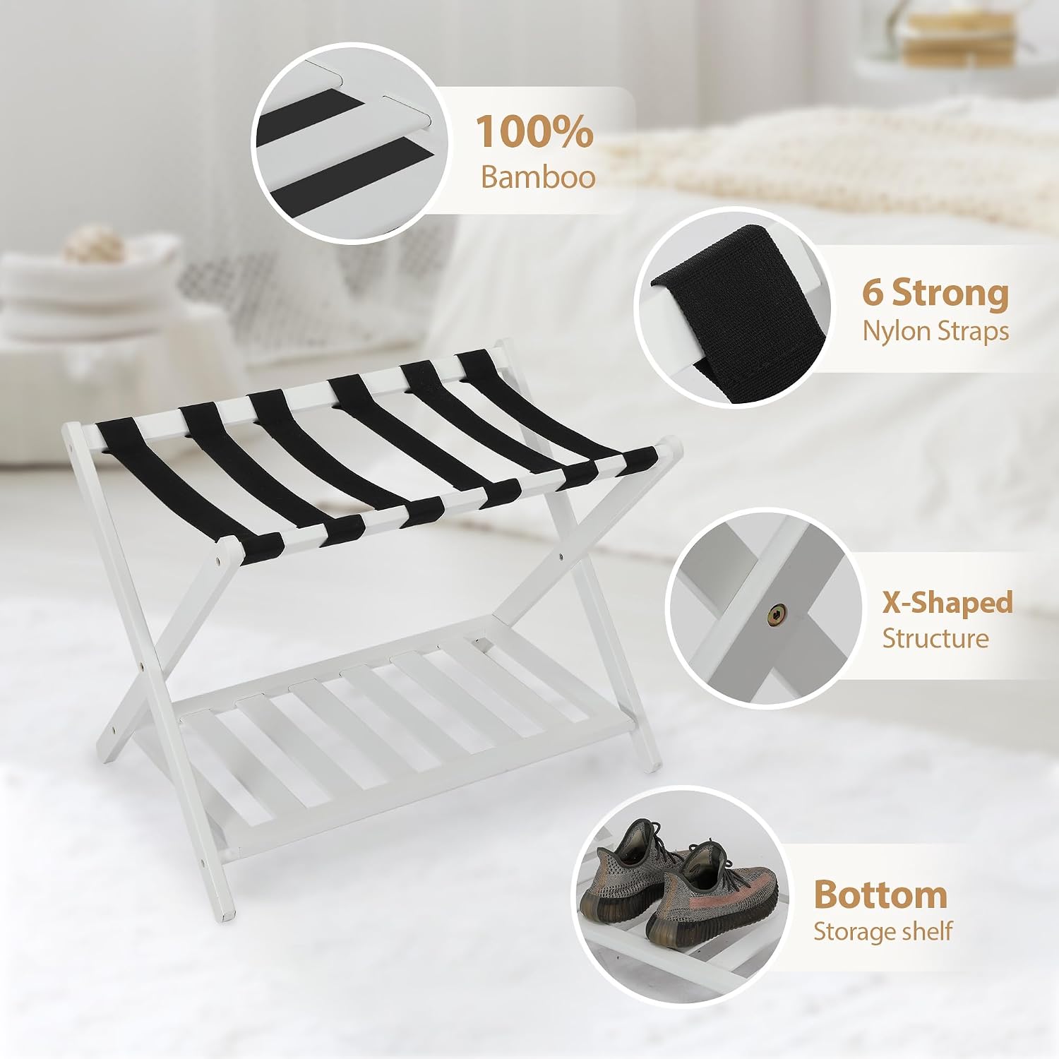 Fafeicy Folding Luggage Rack Suitcase Stand Luggage Holder and Nylon with Sturdy Construction and Storage Shelf for Hotel Bedroom Guest Room Space Saving