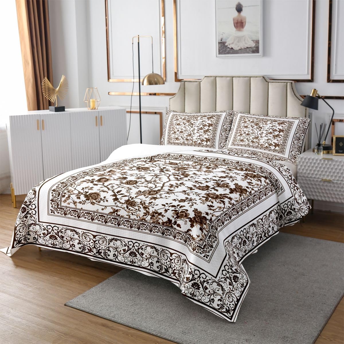 jejeloiu Floral Bedspread 3 Pieces King Size Brown Flowers Coverlet Set Soft Cozy Botanical Floral Printed Lightweight Quilted Coverlet for All Season with 2 Pillowcases Natural Theme
