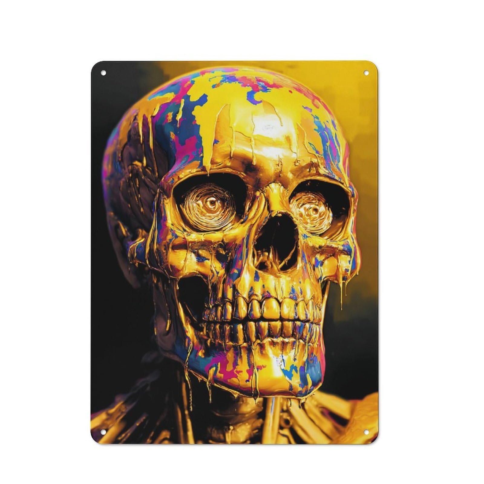 Junmoney Golden Skull With Abstract Paint Drips Cottage Metal Wall Decor 40X30cm, Shed Metal Sign For Conservatory, Home Bar Or Utility Room