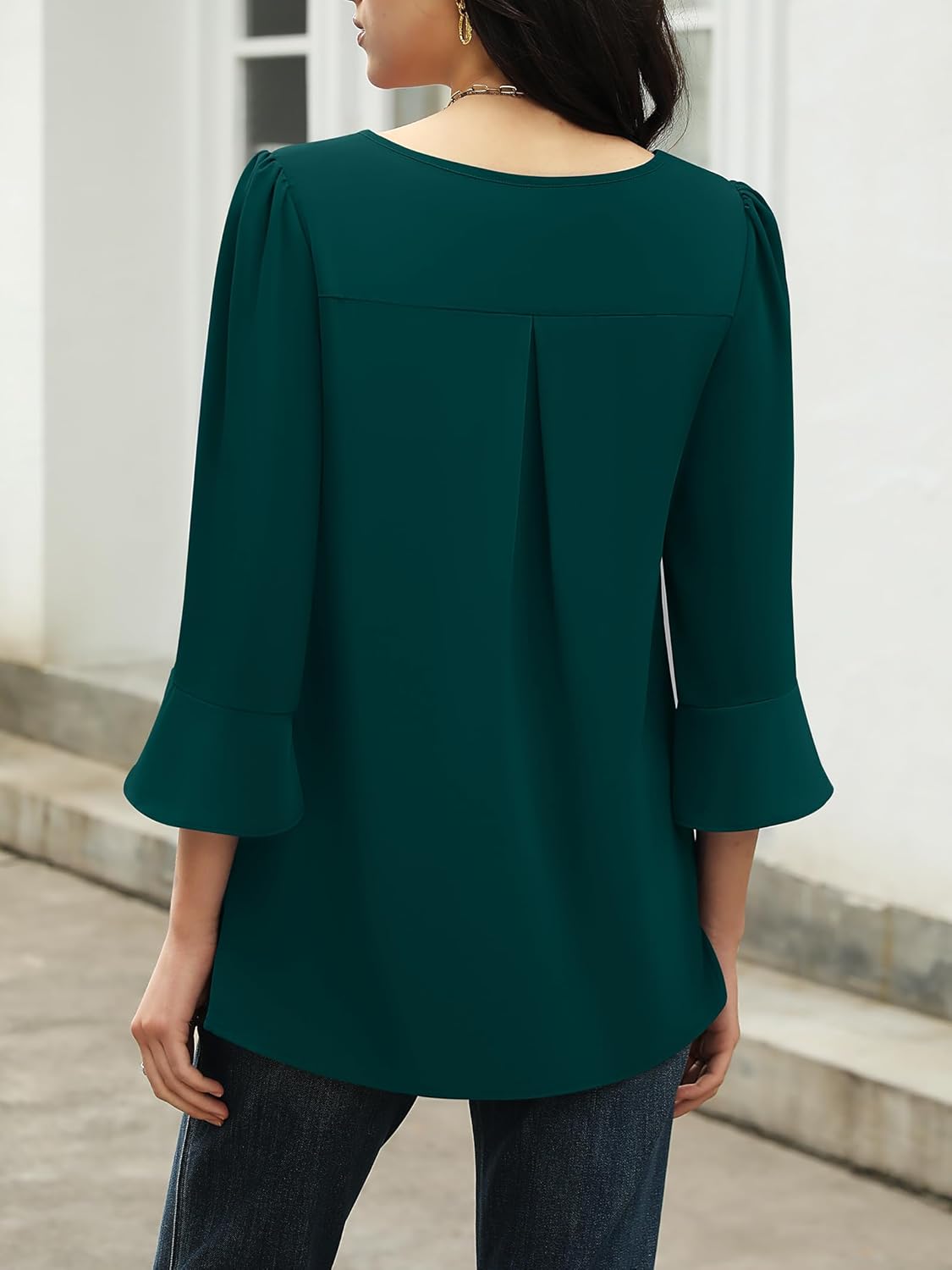 Funlingo Womens 3/4 Length Sleeve Tops Dressy Casual V Neck Business Chiffon Blouses Pleated Trendy Work Shirts - Image 3