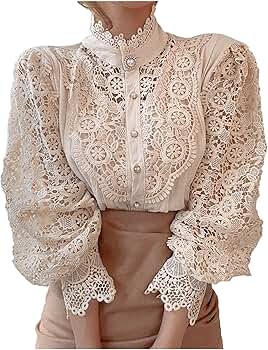 Women's Vintage Lace Floral Shirts Casual Elegant Turtleneck