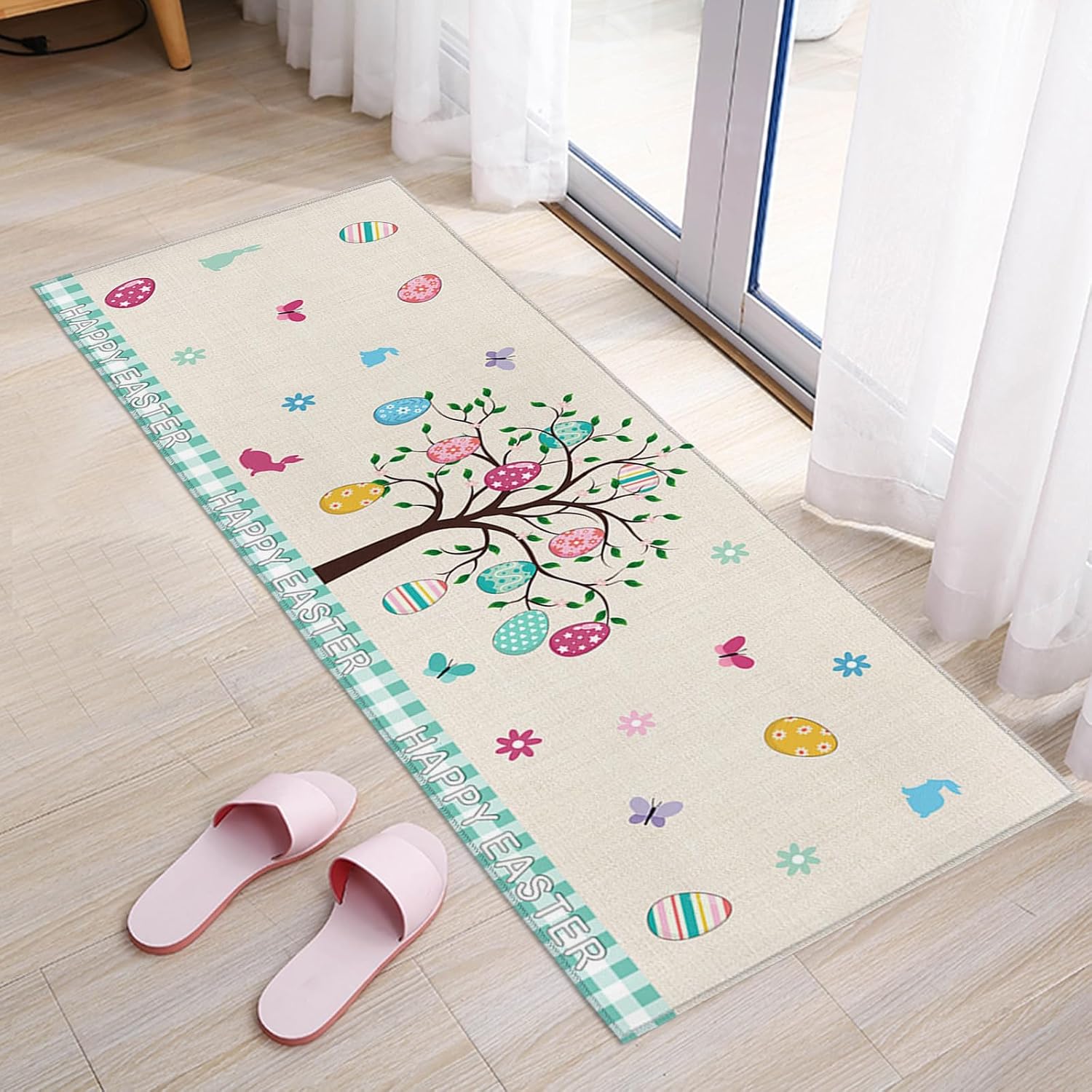 Kitchen Mats for Floor Easter Egg Tree Rabbit Spring Flower Butterfly Washable Non Slip Kitchen Rugs 1PCS, Colorful Eggs Teal Plaid Absorbent Standing Mats for Sink Office Living Room 15.7x47.2in
