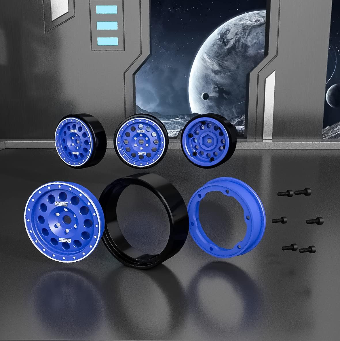 MRC 1.0 Beadlock Wheels Metal Rims Upgrades Aluminum Accessories for SCX24 Deadbolt RC Crawer Car C10 Jeep Betty (Blue)