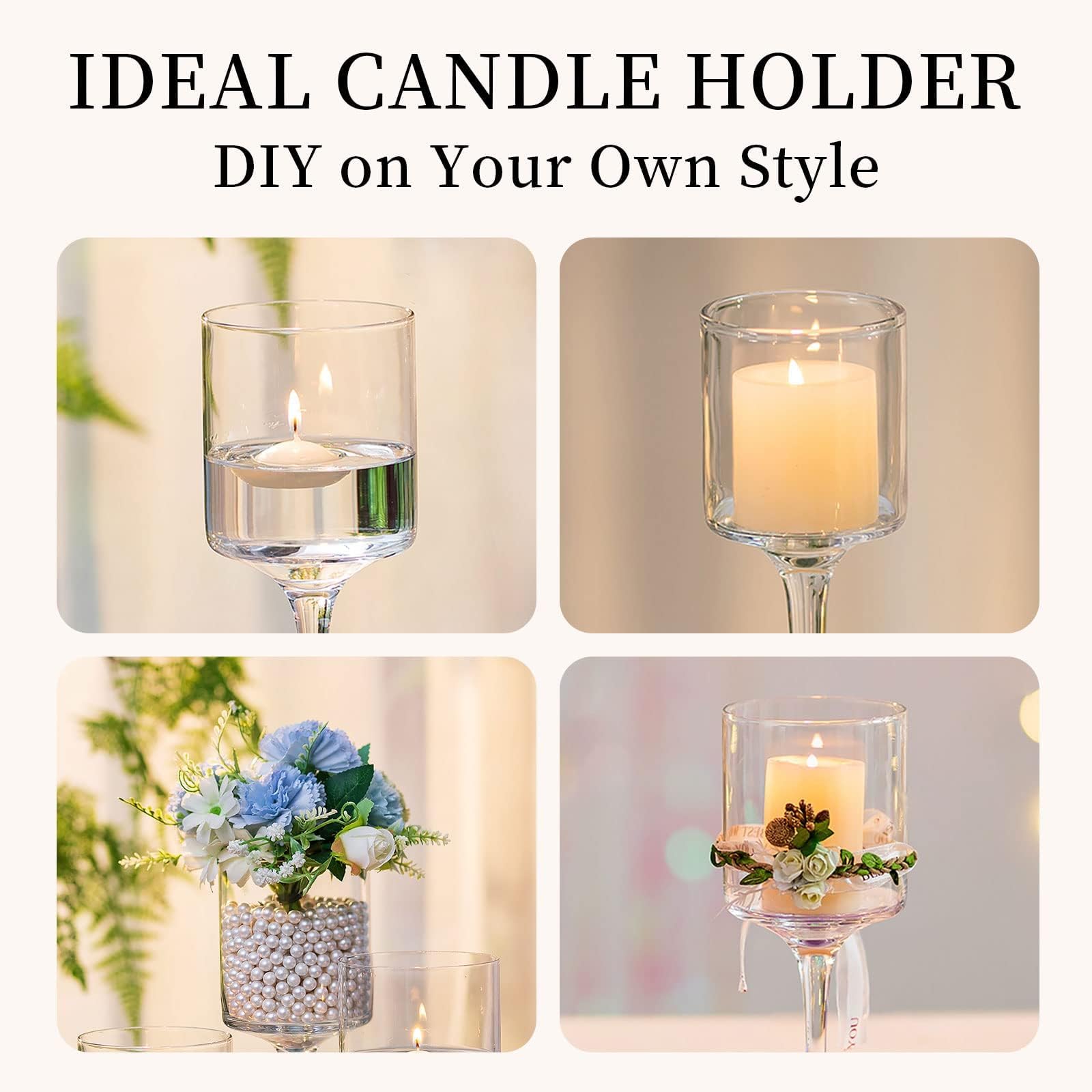 Romadedi Portavelas de Cristal para Velas, Alto Candelabro Porta Velas de te Pequeñas Elegante Mesa de Boda, Navidad Decoración Casa, 2 Juegos 20/23/26cm