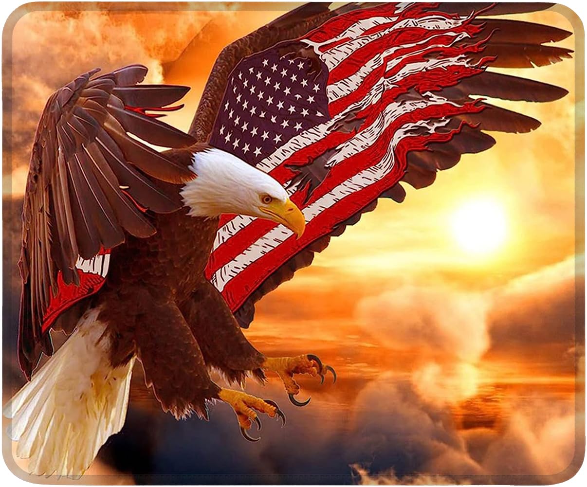 Mouse Pad Non-Slip Rubber Base Computer Mousepad, American Flag on Bald Eagle Wing Customized Square Mouse Pads for Laptop Office Home & Gaming, Superb Tracking Accuracy and Smooth Surface