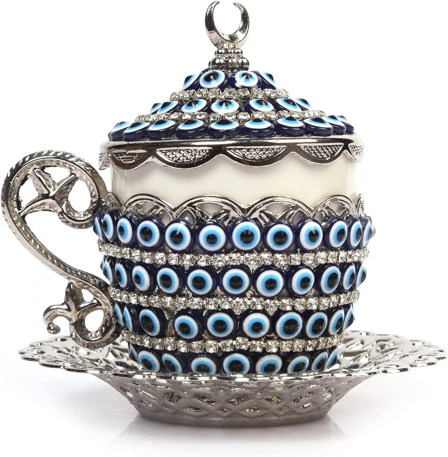 Alisveristime Turkish Coffee Cup Set - Authentic Turkish Greek Arabic Coffee Espresso Cup with Saucer (Enhance Your Coffee Experience Now!) (1 Pc) (Evil Eye Gelincik Design) (Silver)