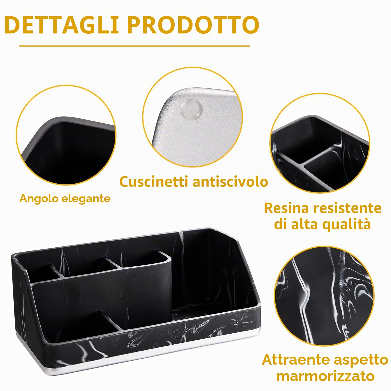 VITVITI Portaspazzolino per bagni, organizer da bagno per piano di lavoro/lavello, 5 scomparti per spazzolino da dente/dentifricio, accessori da bagno effetto marmo, resina nera..