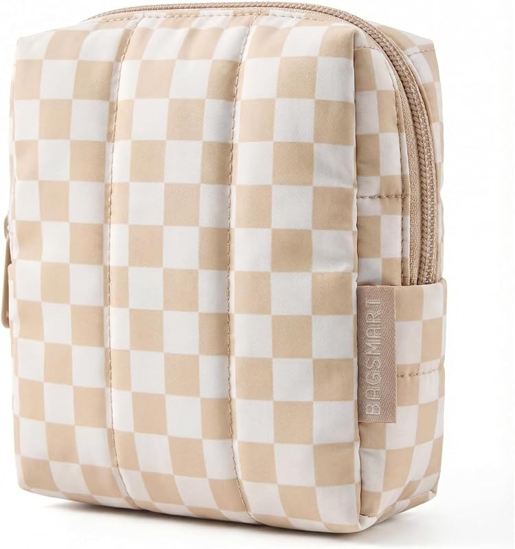 Necessaire de maquiagem BAGSMART compacta acolchoada com bolso interno, zíper e estampa geométrica xadrez cáqui