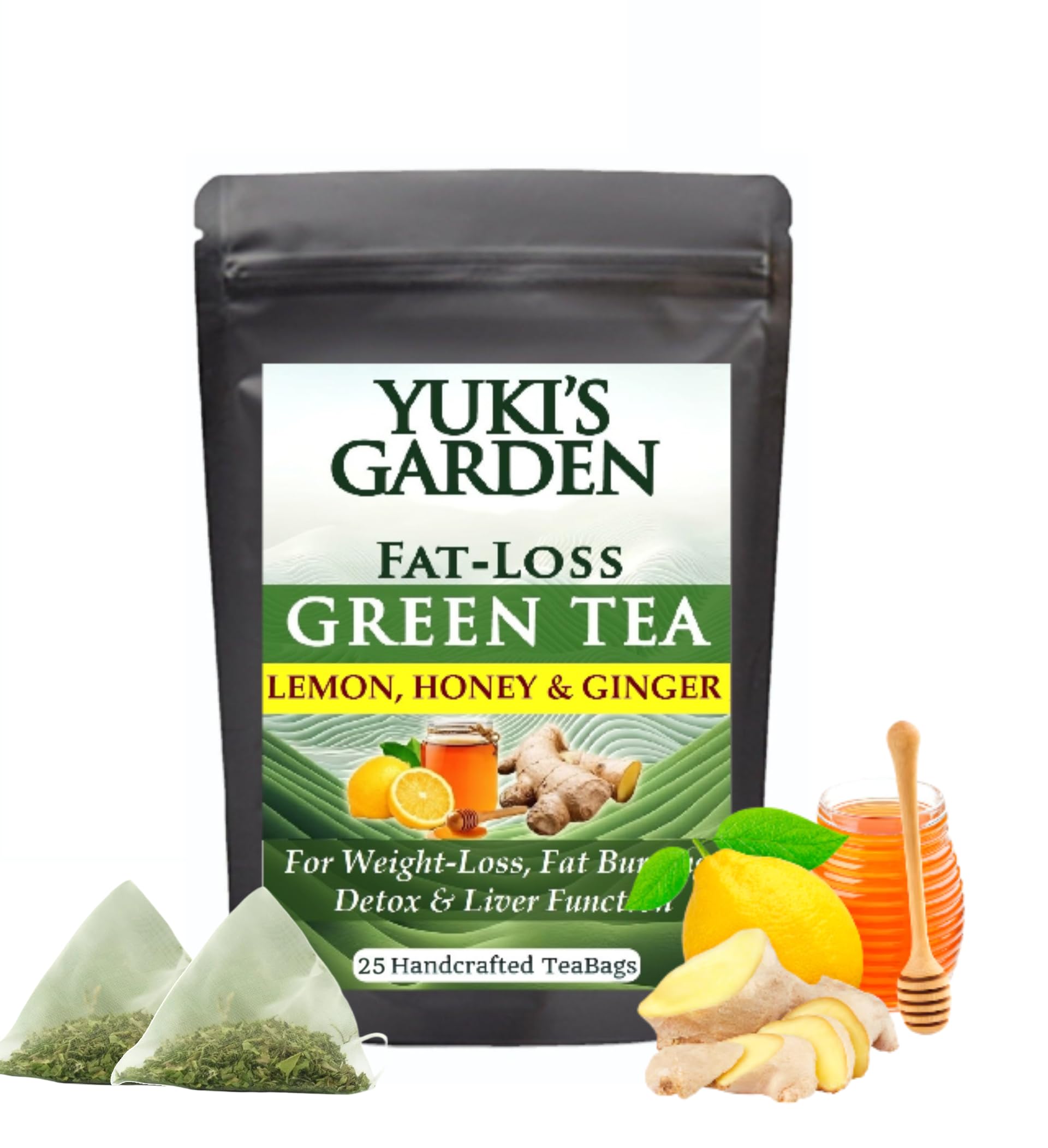 YUKI'S GARDEN Lemon,Honey & Ginger Green Tea (25 Handcrafted Tea