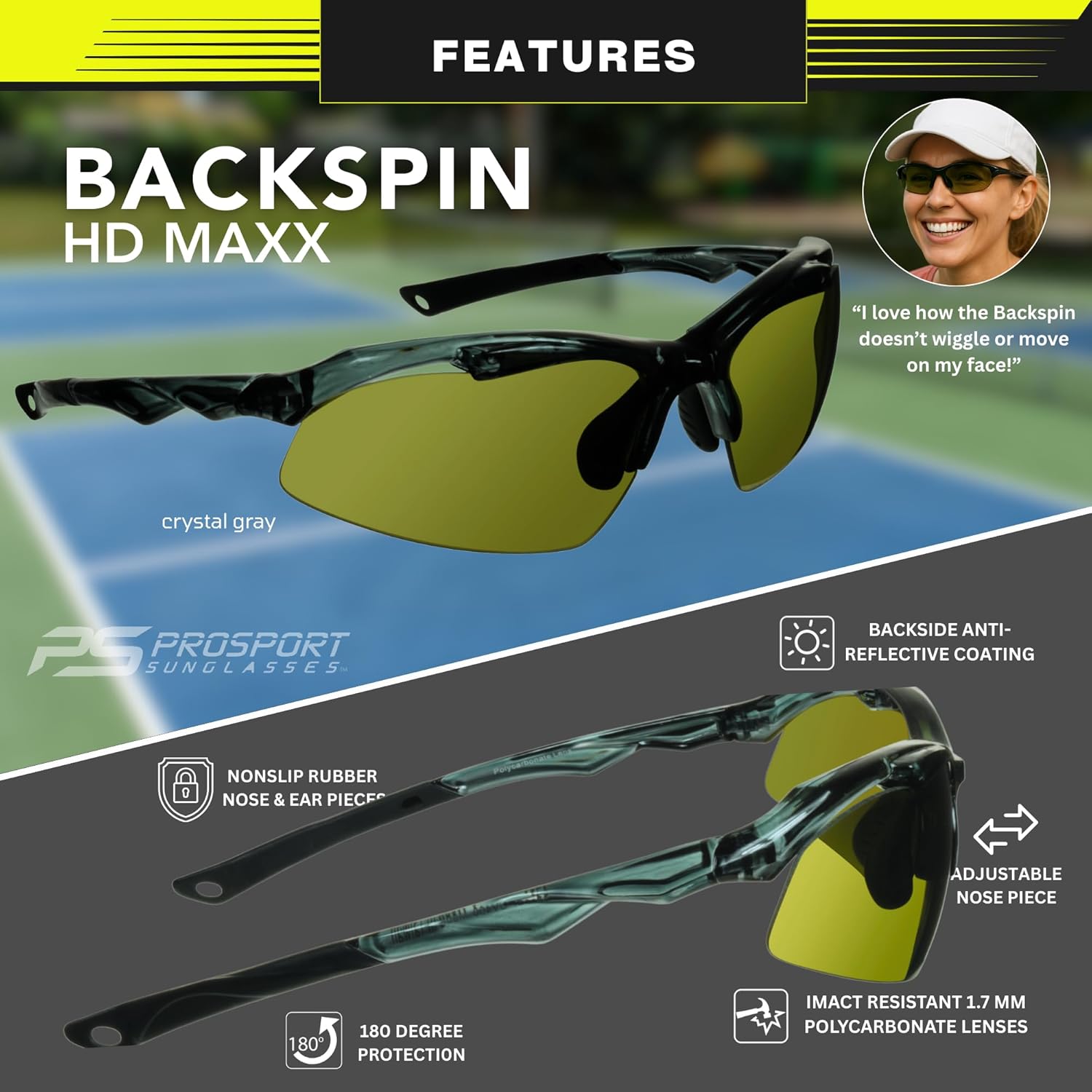 proSPORT Sunglasses Pickleball Golf Tennis Sport Men Women HD G-15 Lens Adjustable Nose Piece Polycarbonate Wrap UV400