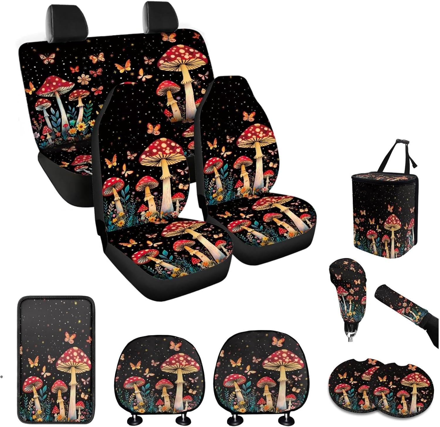 NDISTIN Aesthetic Mushroom Car Seat Covers Full Set Auto Steering Wheel Cover Seatbelt Pads Armrest Cover Headrest Cover Handbrake Cover Set Trash Bag Coasters 15pcs Car Accessory Interior Decor