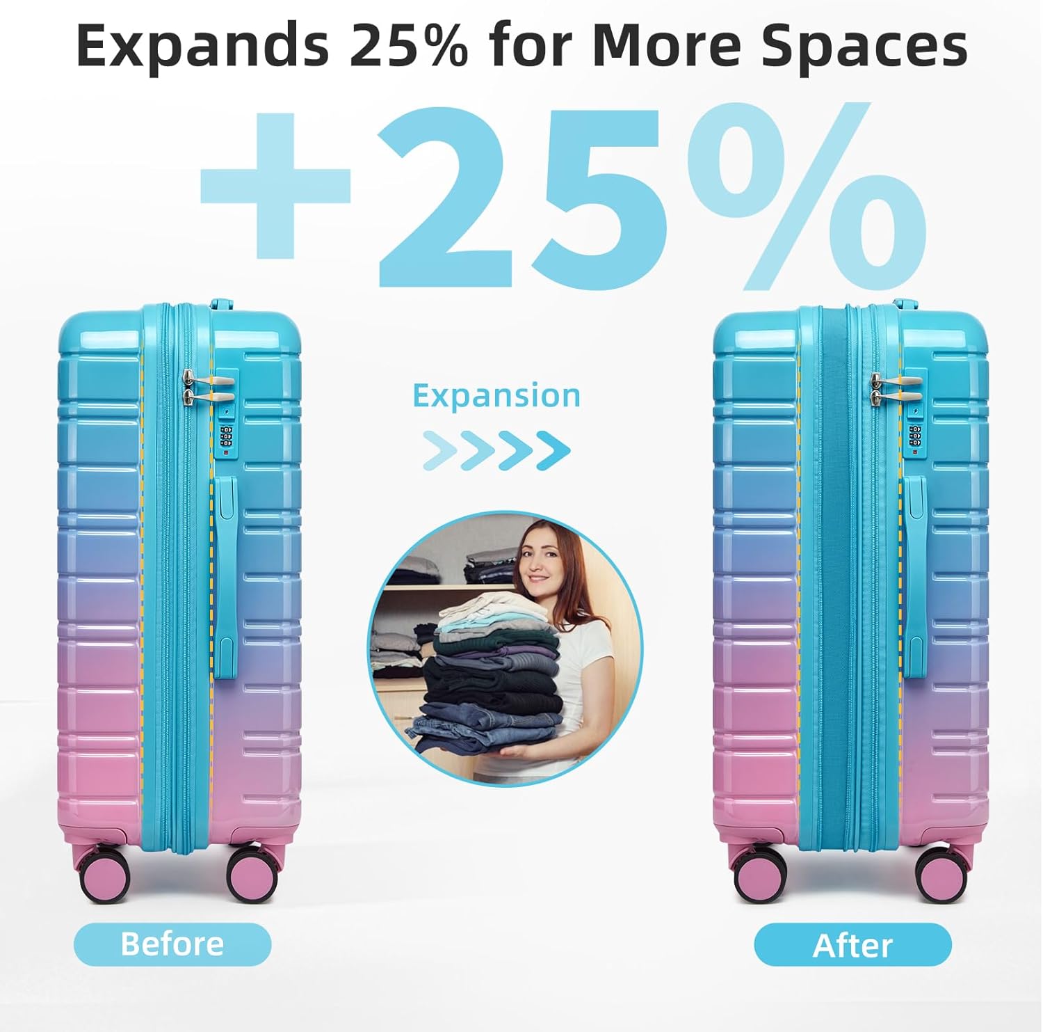 LARVENDER 28 Inch Checked Luggage with Spinner Wheels, PC+ABS Expandable Large Suitcases with Wheels, Travel Luggage sets for Women and Men, Cotton Candy