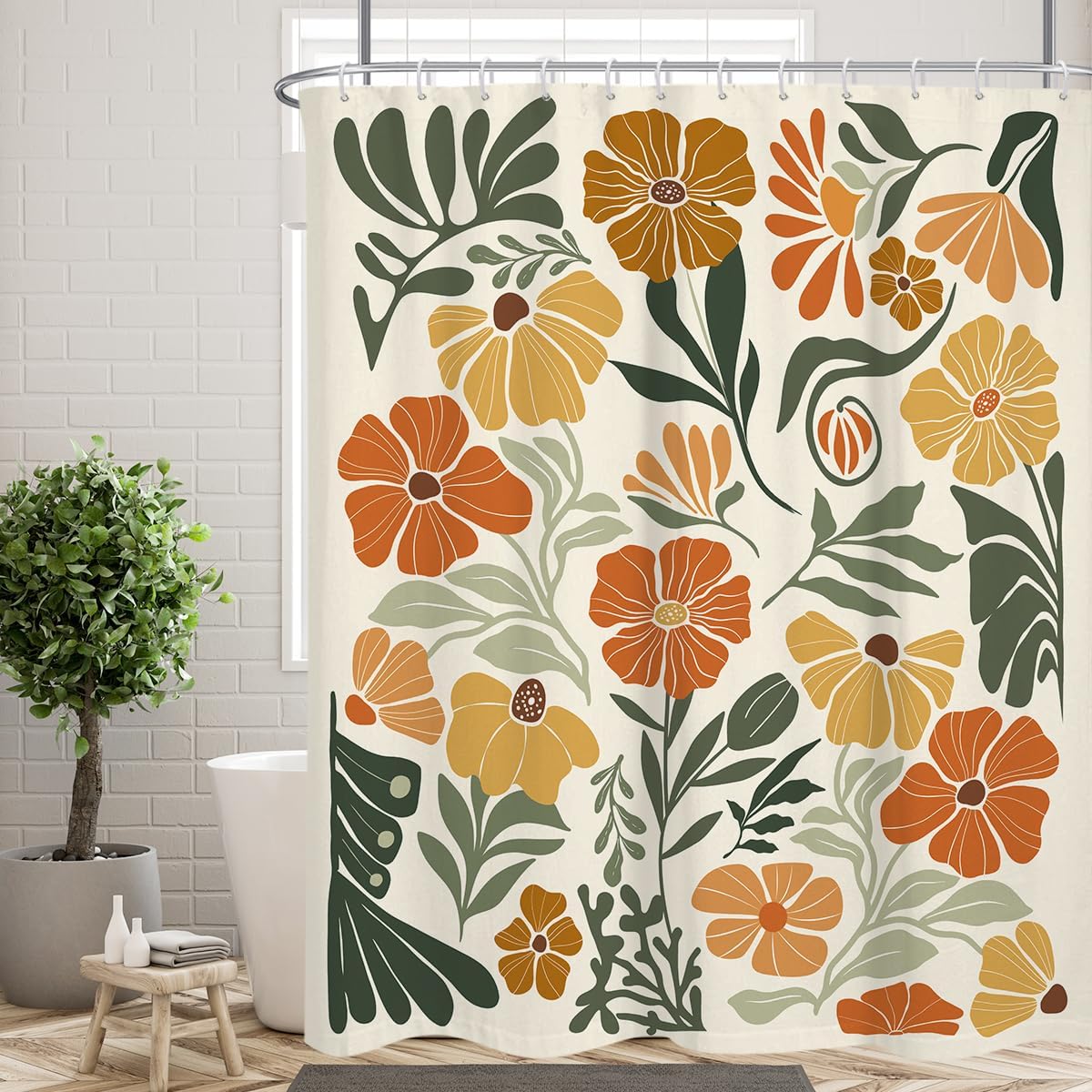 Boho Floral Shower Curtain Large Extra Long Spring Cute Vintage Orange Colorful Modern Flower Fun Abstract Retro Whimsical Funky Fabric Cloth Bathroom Decor Set 72x84 inch Polyester 12 Hooks