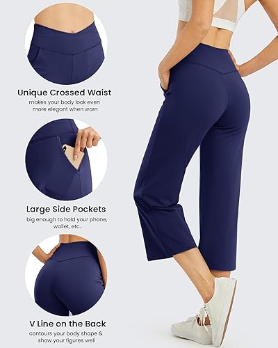 Miniatura 4 de G4Free Pantalones capri de pierna ancha para mujer, pantalones capri elásticos cruzados con bolsillos, pantalones cortos de cintura alta
