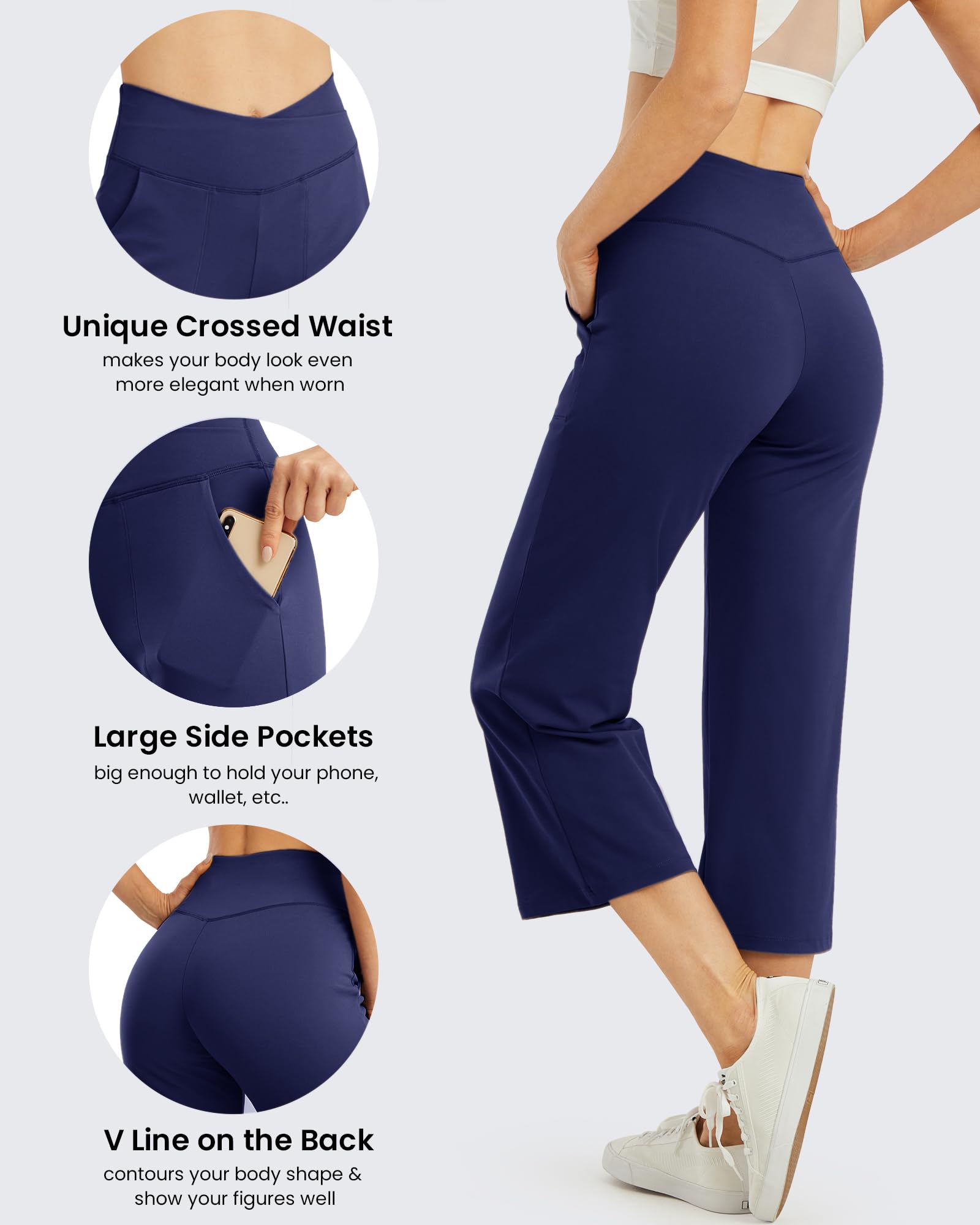 G4Free Pantacourt extensible à jambes larges pour femme avec poches Taille haute