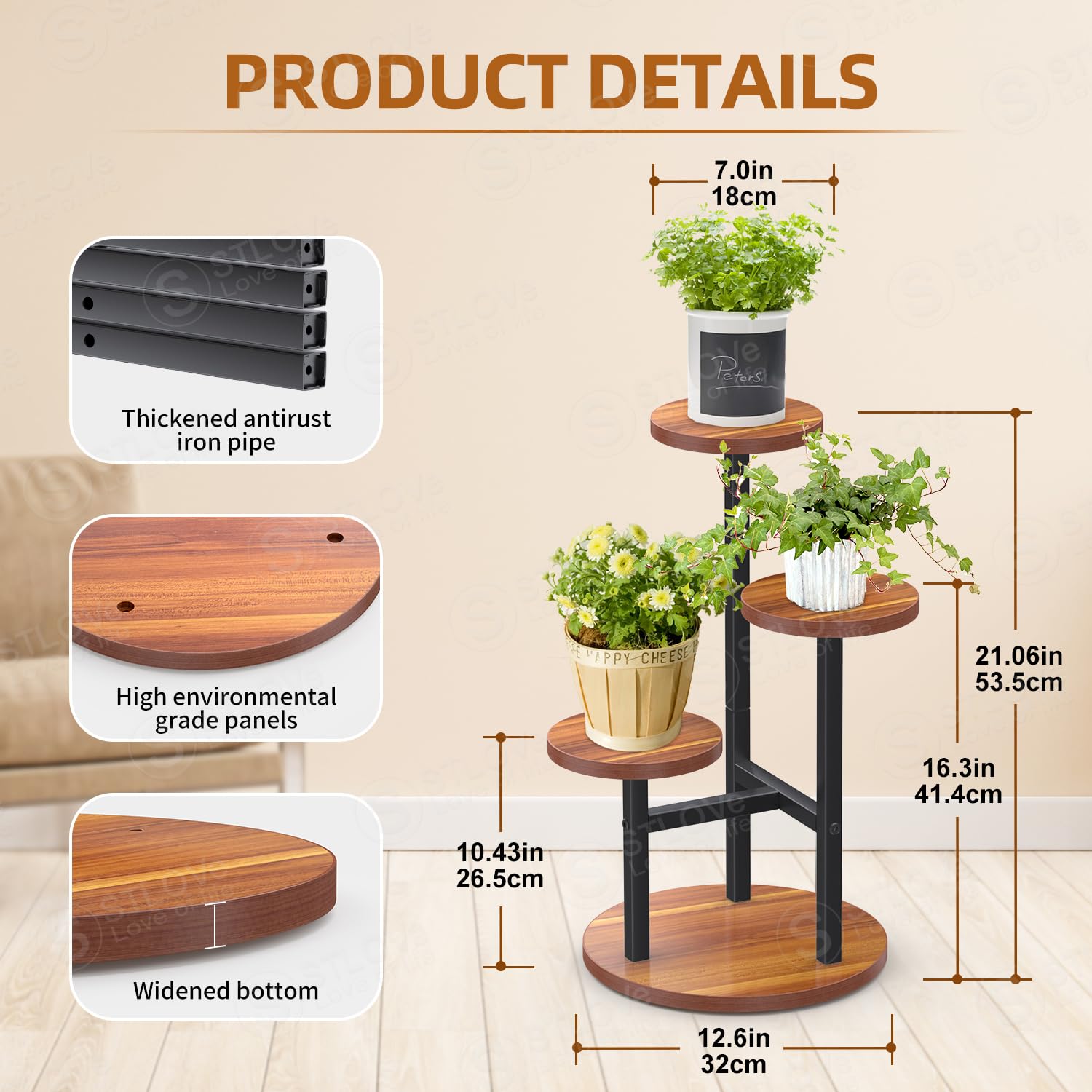 STLOVe Modern Plant Stand, 3 Tier Tall Garden Flower Stand, Decor Corner Shelf Planter Holder (Pot Not Included)-Mahogany - Image 4