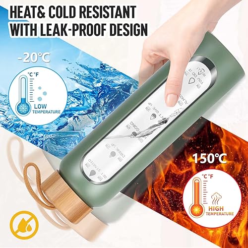 Miniatura 4 de Aqulea Botella de agua de vidrio de borosilicato de 32 onzas con tiempos para beber, sin BPA, botellas de agua motivacionales reutilizables de boca