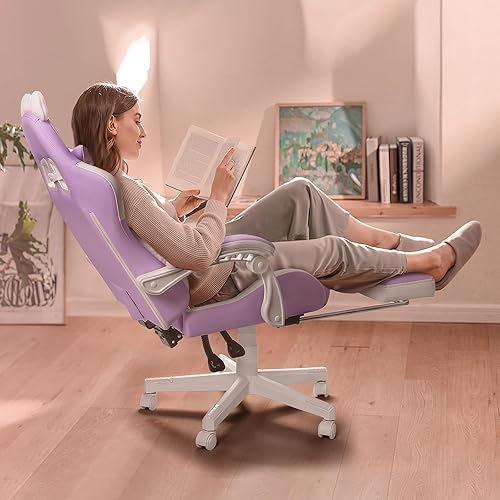 Miniatura 7 de PUKAMI Silla de Juego Linda con Orejas de Gato, Silla de Computadora Ergonómica para Niña con Reposapiés y Reposacabezas, Silla de Juego de PC