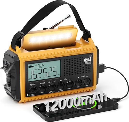 Miniatura 13 de Radio de manivela solar de emergencia, radio de alerta meteorológica AM/FM/SW NOAA, linterna, lámpara de lectura, alarma SOS para supervivencia