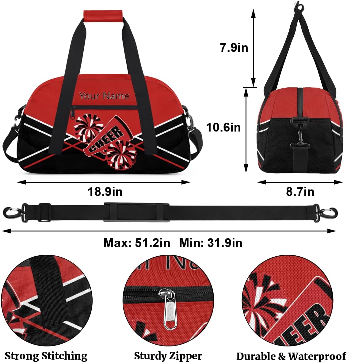 Cheer Bag Girl Personalized Sport Duffel Bag,Custom Kids Gym Bag,Travel Dance Bag with Name, Overnight Weekender Bags,Cheerleading Gifts Blue Black Red