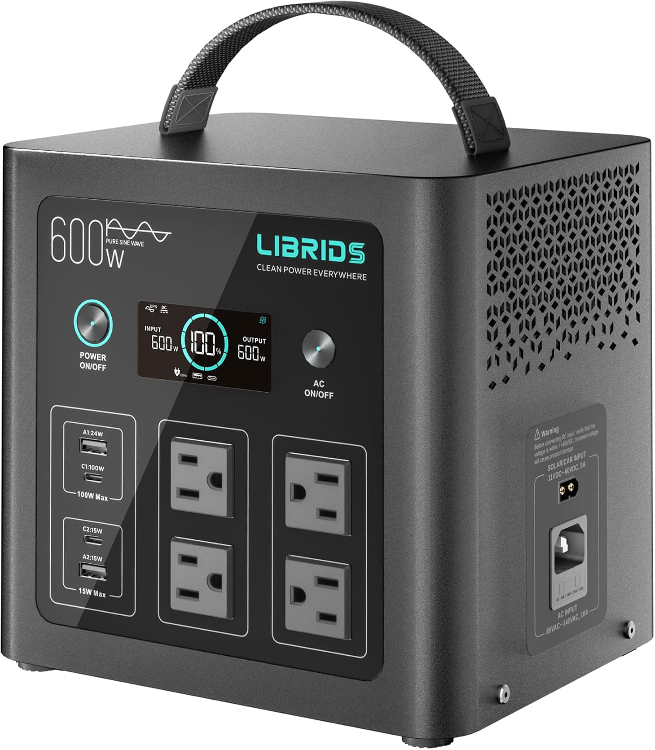 LIBRIDS Portable Power Station C600, 640Wh 600W Solar Generator (1200W Surge), LiFePO4 Battery, 1.5H Fast Charge, 10ms UPS, 8 Ports(4 AC) for Camping, Home Backup & Outages