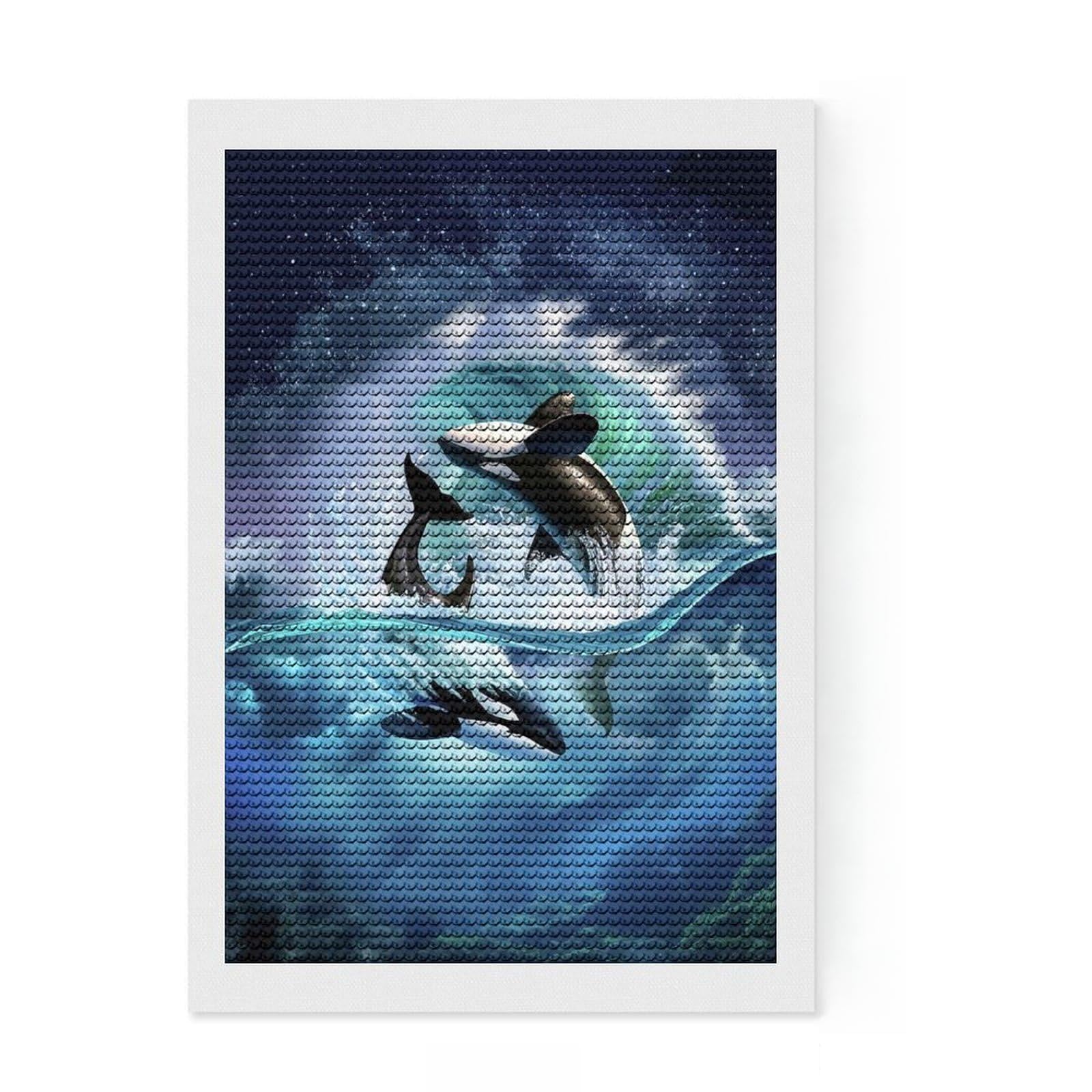 Junmoney Orca Wave 5D Diamond Painting Kit 8"x12", Vintage Style Decor, Boho Decor, Handmade Wall Decor, Artistic Hobby