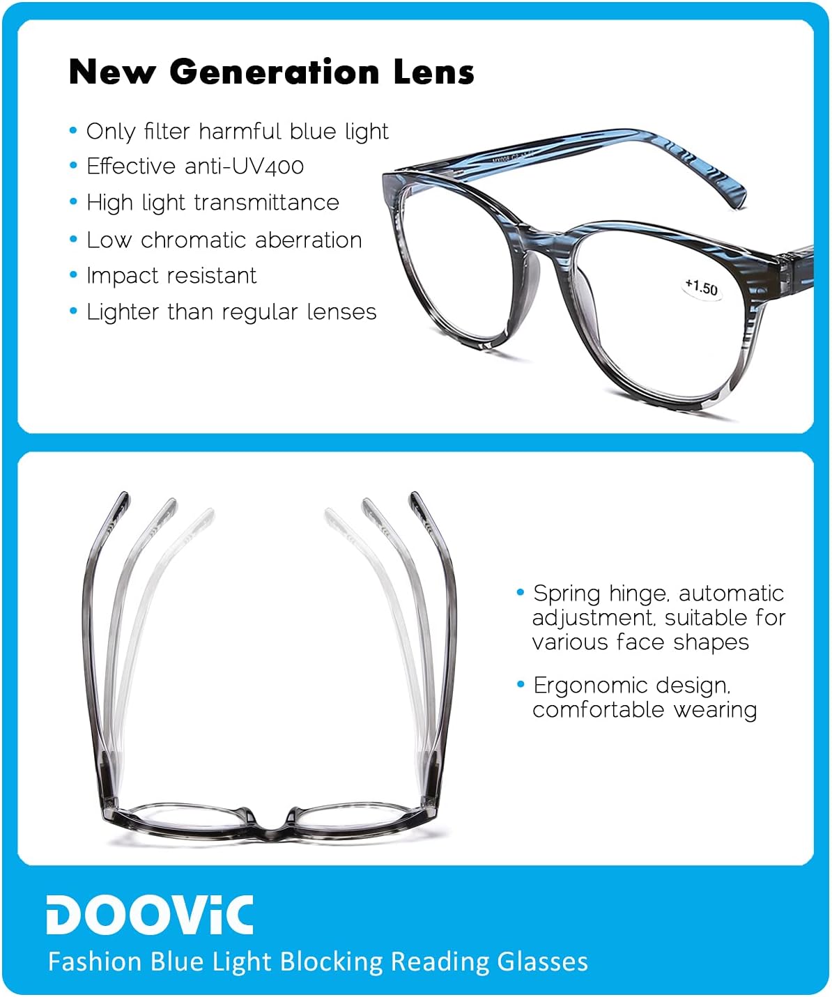 DOOViC Computer Reading Glasses Blue Light Blocking Anti Eyestrain Stylish Striped Style Spring Hinge 4 Pack Readers for Women Men 1.00 Strength - Image 4