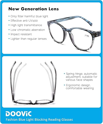 Miniatura 4 de DOOViC Gafas de lectura para computadora, bloqueo de luz azul, antifatiga ocular, estilo a rayas, bisagra de resorte, paquete de 4 lectores para