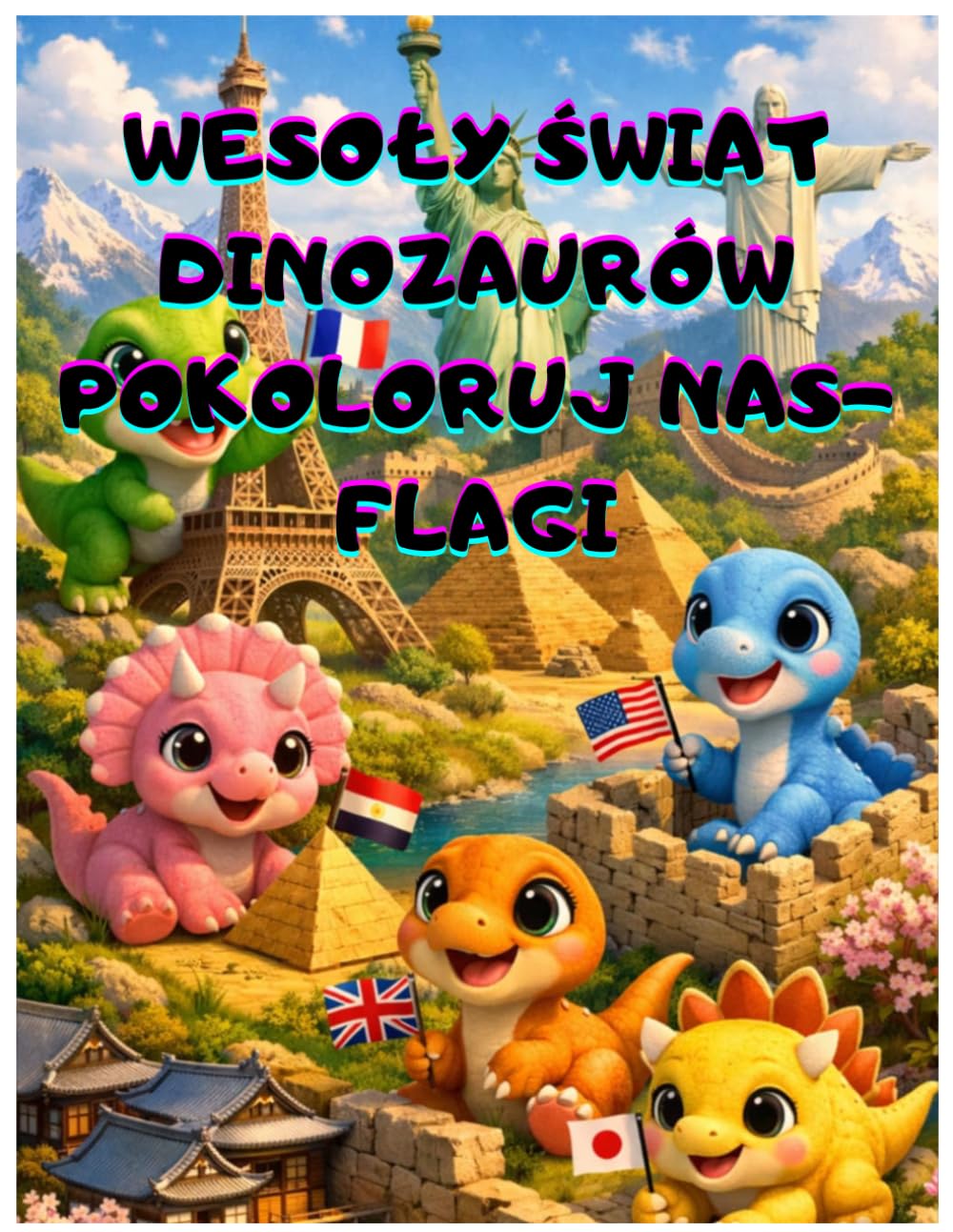 WESOŁY ŚWIAT DINOZAURÓW POKOLORUJ NAS- FLAGI, Nauka geografii przez kreatywną zabawę dla najmłodszych,: Podróż po kontynentach w towarzystwie ... chłopczyk 4-8 lat, prezent, święta
