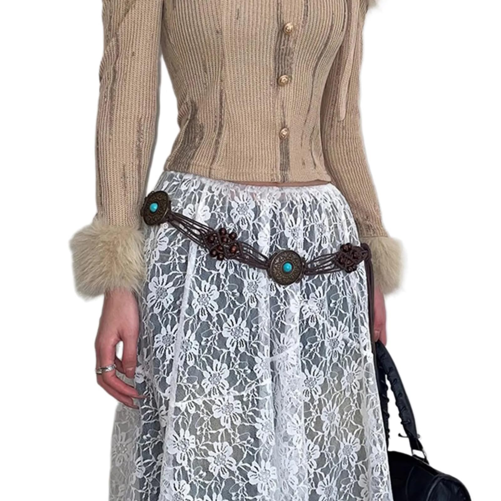 PURPLELILY Bohemian Rope Chain Belt For Women Ethnic Handmade Crochet Waist Belt Girl Travel Waistband Elegant Dress Decors Rope Belt For Women Girl