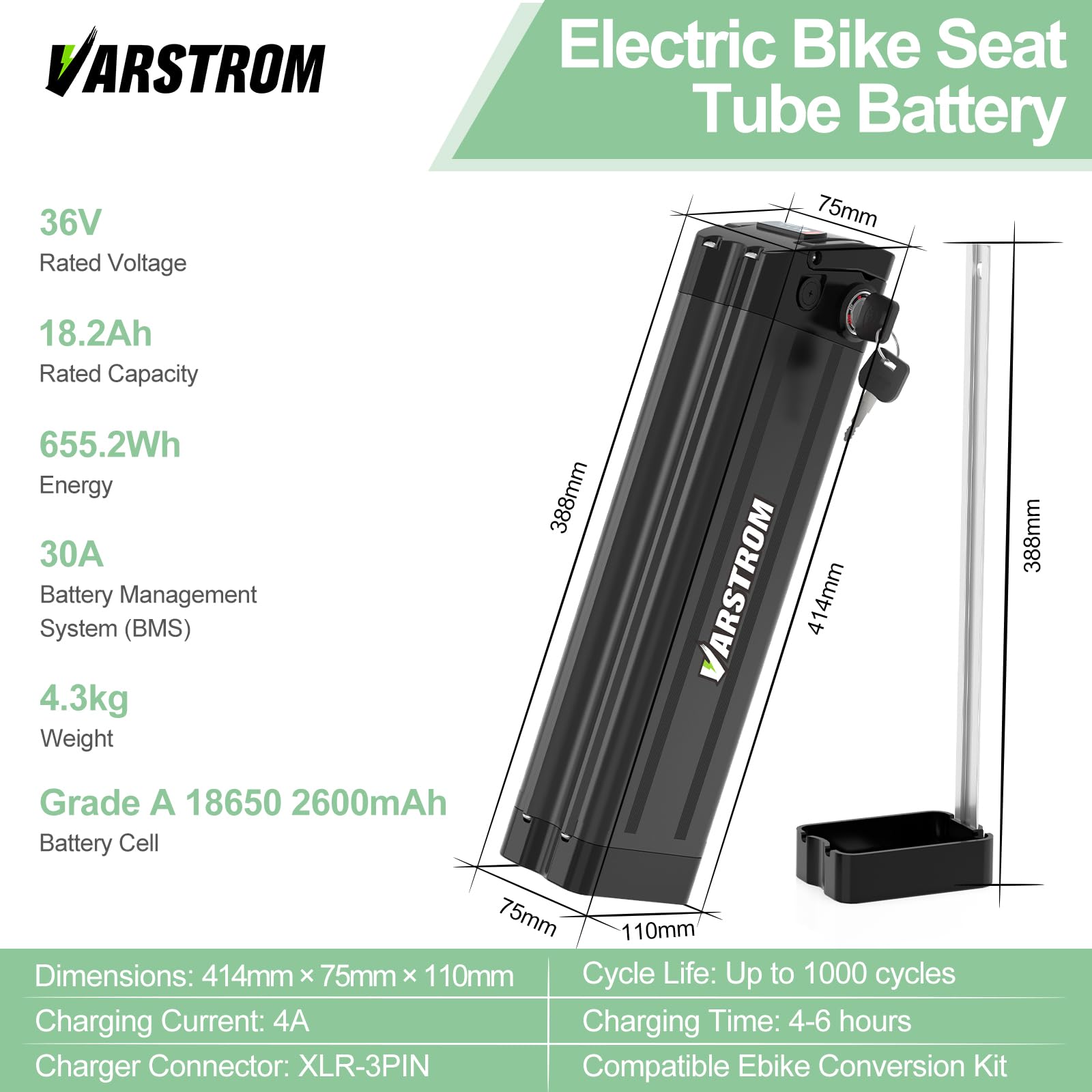 Batterie de Velo Electrique 36V 18.2Ah pour Moteurs 36V | Batterie Lithium Ebike pour Batterie Ebike