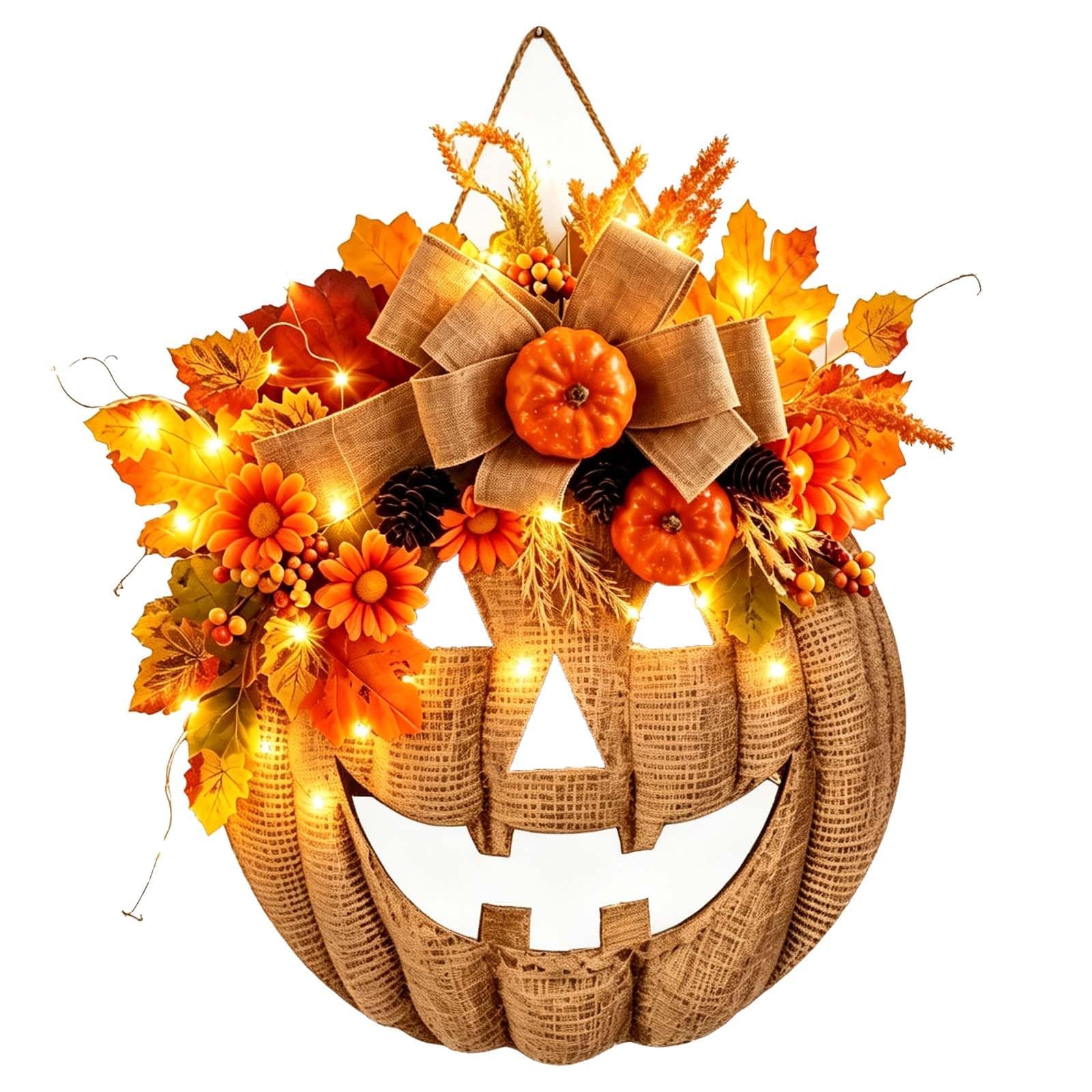 LKHYUKU Twinkle Pumpkins, Lighted Burlap Pumpkin Wreath with Remote Control (A#) | Farmhouse Fall Wreath, 8-Mode LED Fall Door Decor, Halloween Autumn Wreath for Porch Home Decor