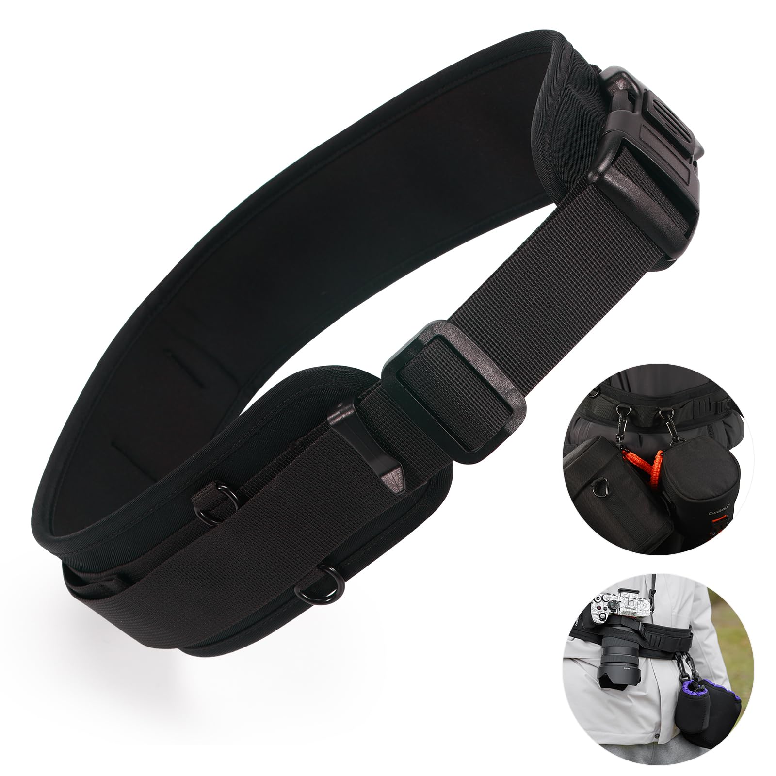 Cwatcun Multi-Function Camera Waist Belt, Outdoor Photography Breathable Adjustable Camera Waist Strap with D-rings for Lens Pouch, Flash Bag, Photography Accessories