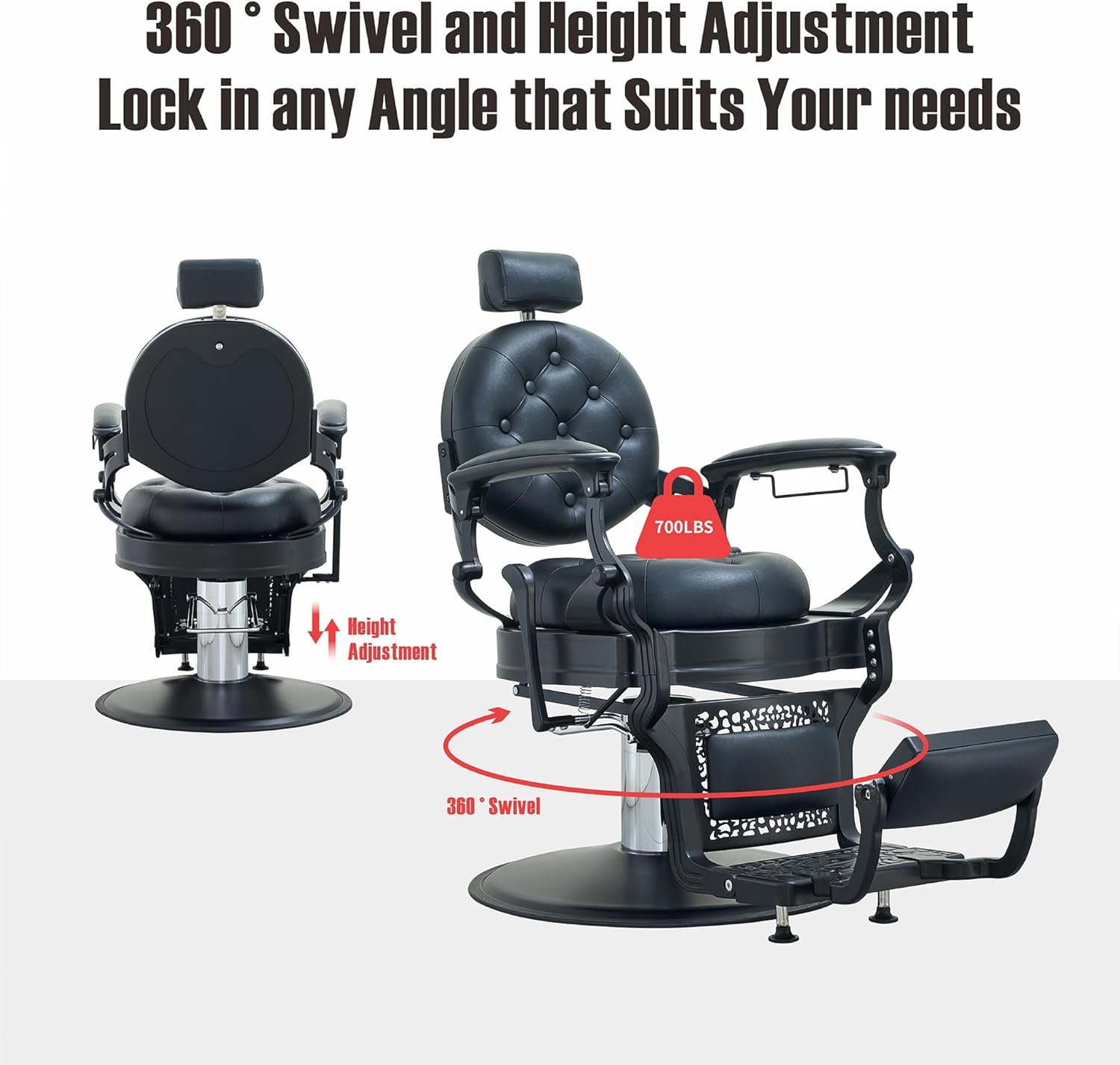 Barber Chair Heavy Duty (700LB Capacity) - Professional Multi-Function Salon Chair for Hairdressing, Beauty, Tattoo, Massage(All Black)