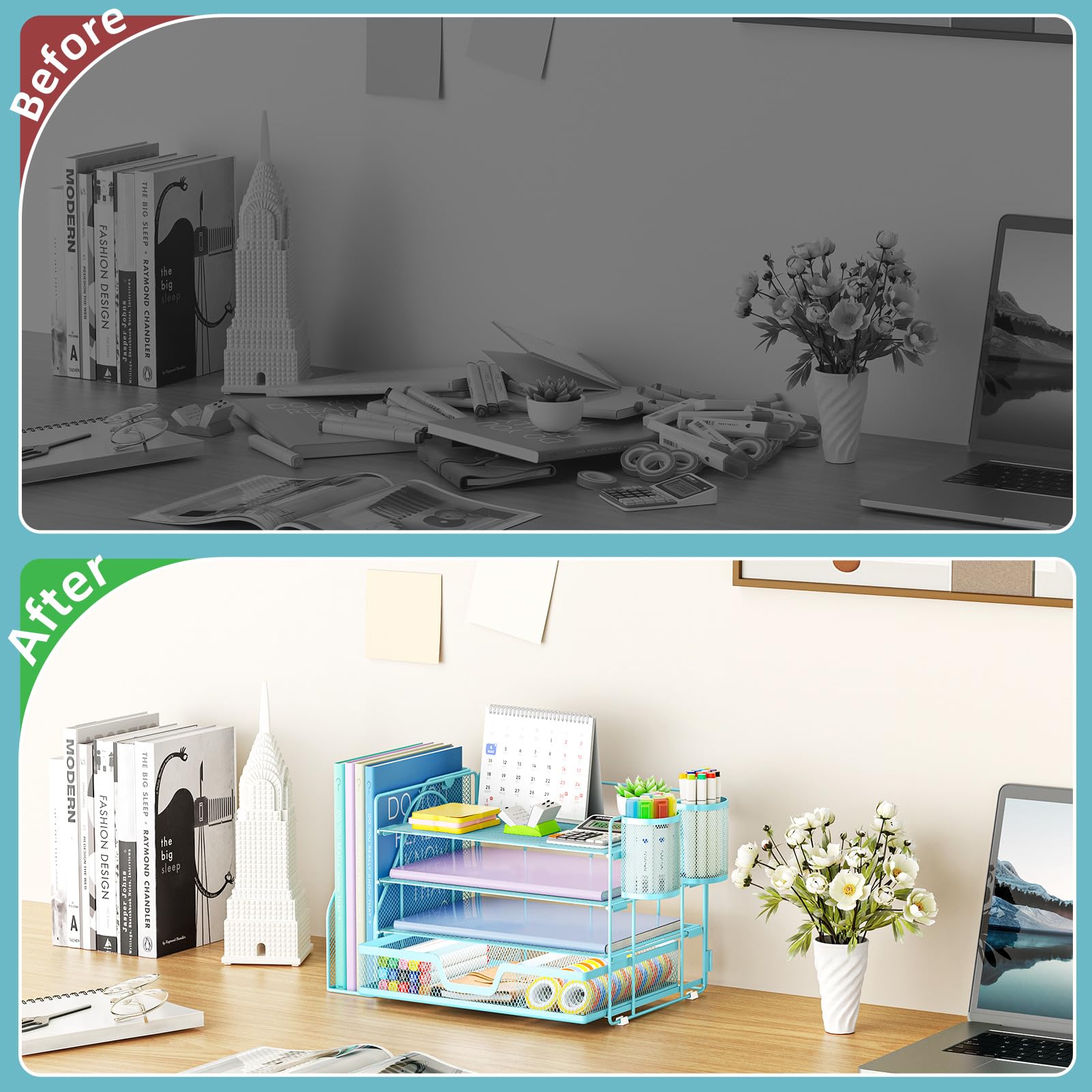 Marbrasse Organizer da scrivania e accessori, vassoio per lettere a 4 ripiani con porta documenti, accessori da scrivania e organizer per spazi di lavoro con cassetto e 2 portapenne (blu, 39,1 x 23,1