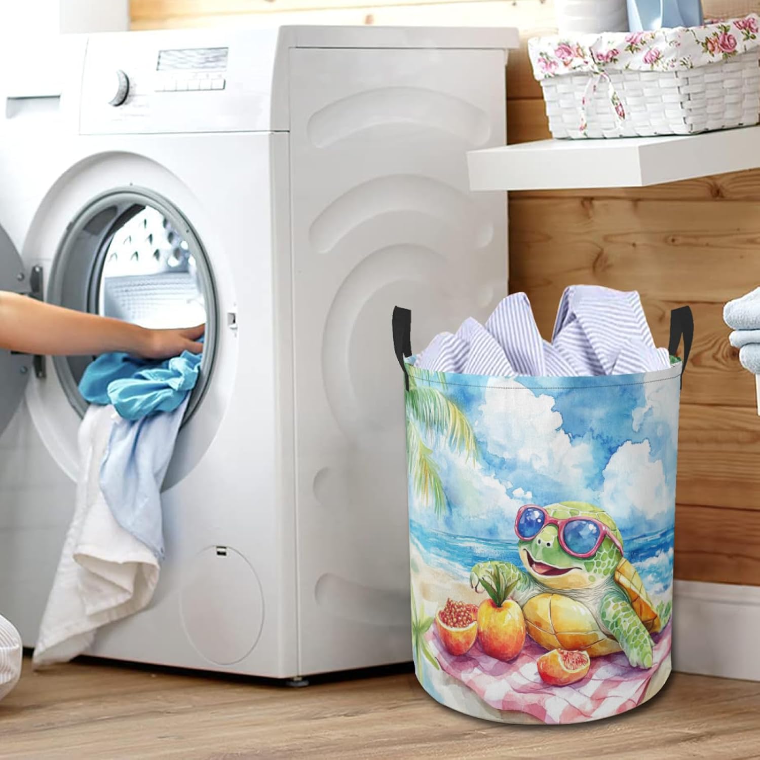 Tropical Turtle Beach Laundry Basket Ocean Animal Foldable Laundry Hamper with Handles Clothes Storage Bin for Household Bedroom Bathroom Dorms 17.3"x13.6"