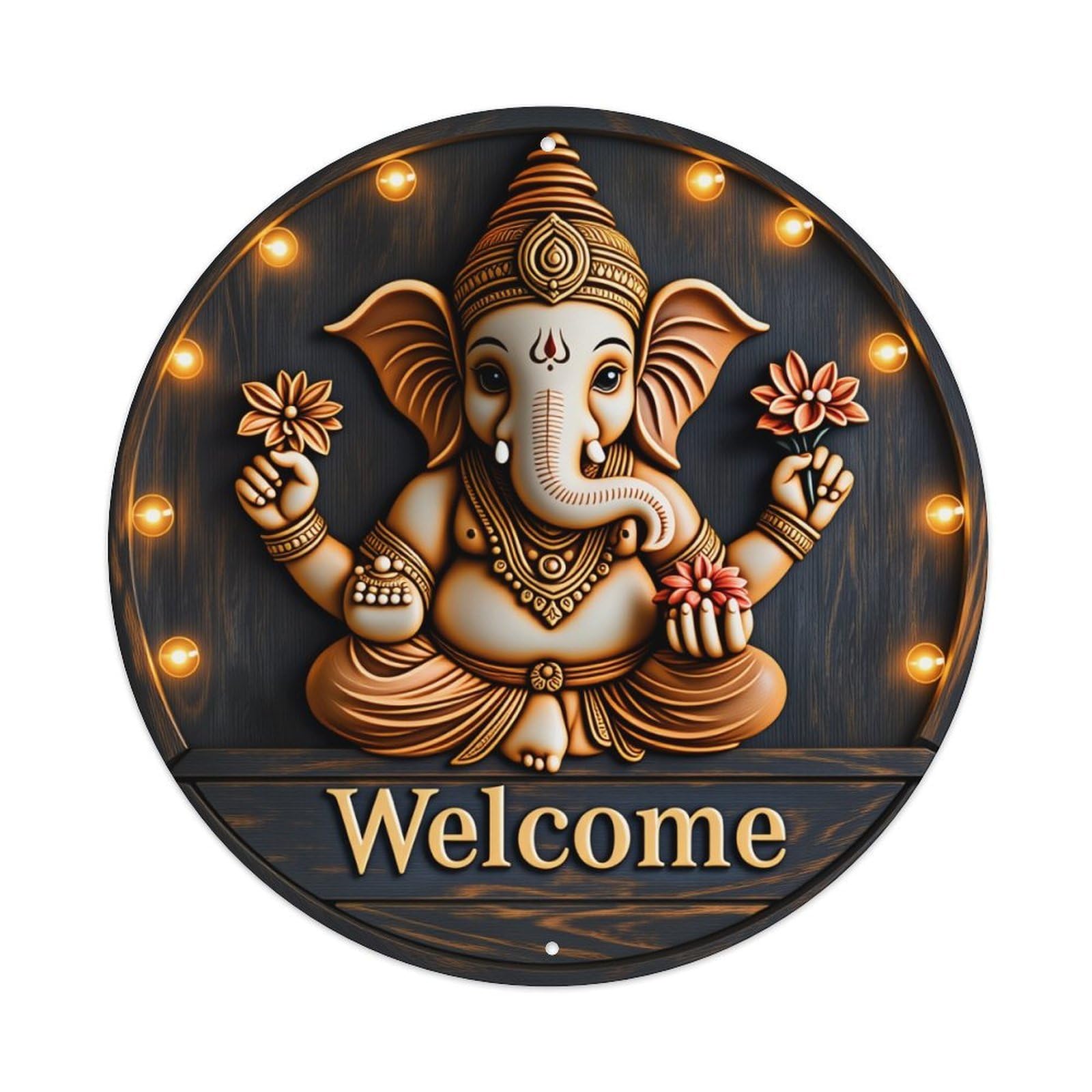 Ganesh Welcome Sign With Lights Metal Tin Sign Vintage Garden Bedroom Cafe Bar Man Cave Home Wall Decor Metal Poster 8x8 inches