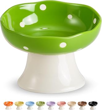 Green Mushroom Cat Bowl, Elevated Ceramic Bowl for Cats