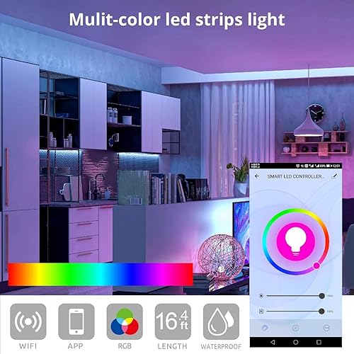 Miniatura 4 de WBM Smart Tira de luces LED RGB, IP65 impermeable de 16.4 pies de largo, compatible con Alexa, Google Home, control de aplicación para el hogar,