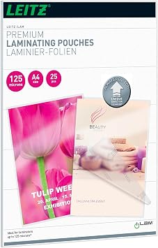 Leitz 74820000 Laminating Pouches Made of 125 Micron Thick Materia Transparent, Glossy, A4 and UDT - Pack of 25