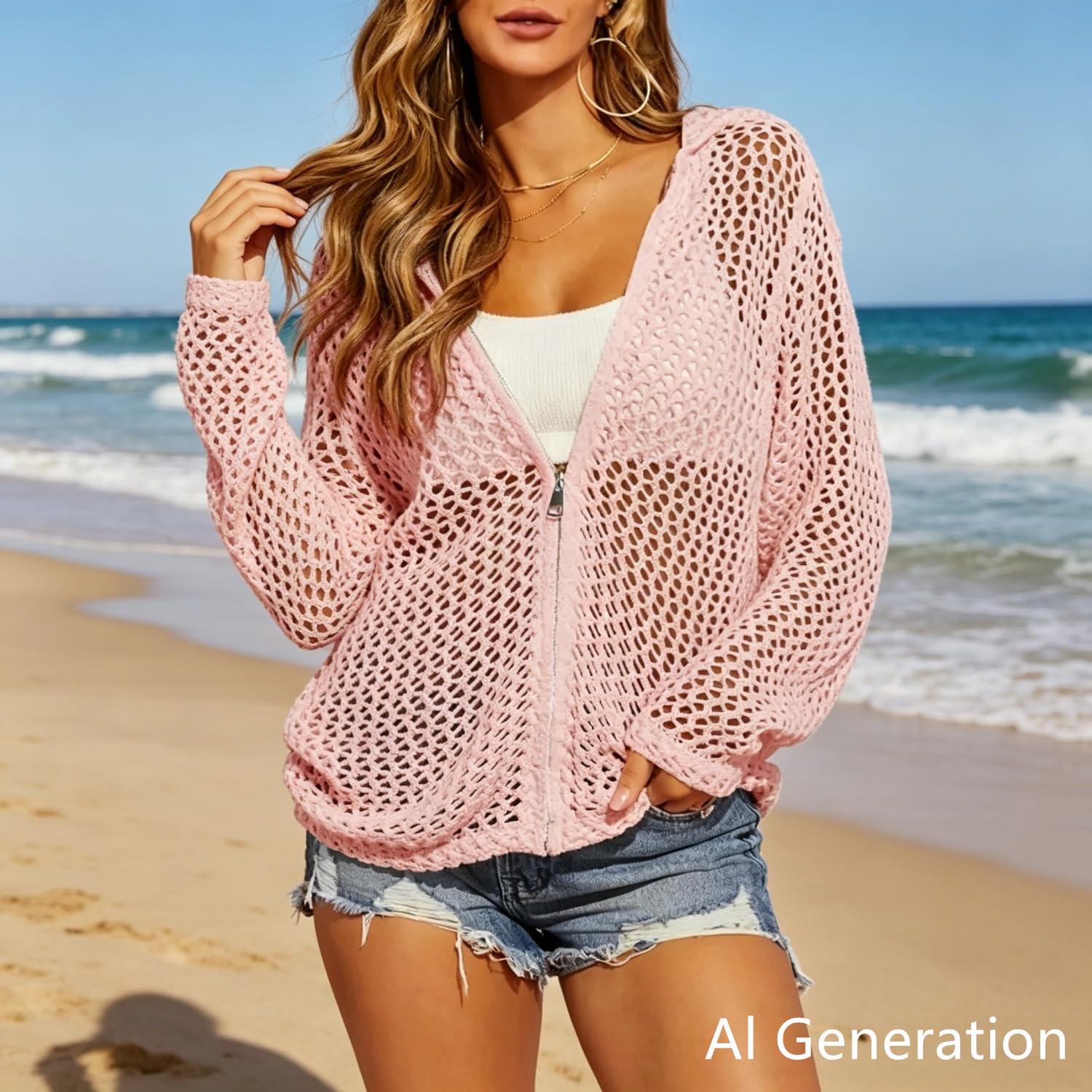 Cardigan da donna in maglia crochet con zip, cappuccio e maniche lunghe | Copricostume estivo/primaverile in rete crochet