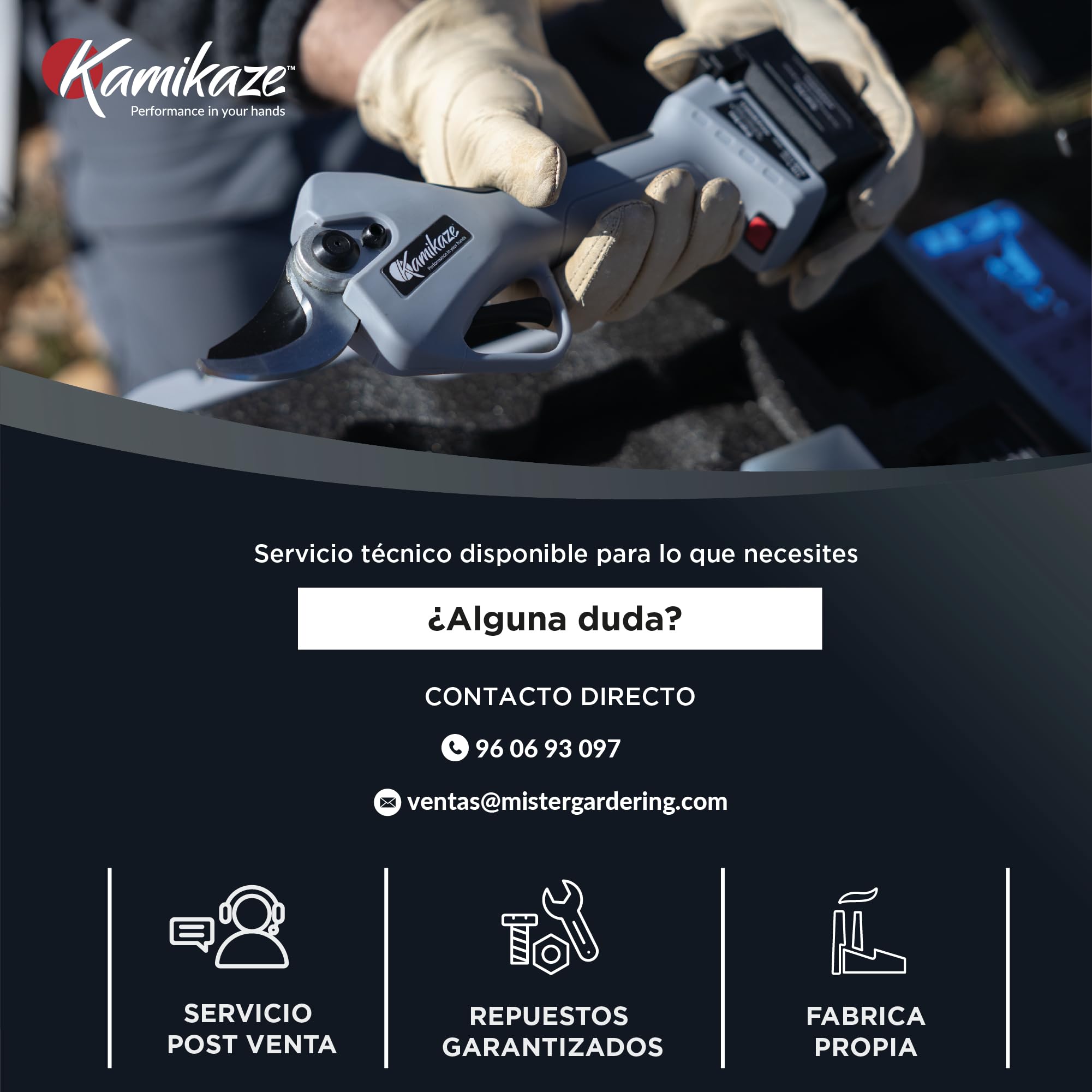 KAMIKAZE KV390 Tijera Eléctrica de Poda Profesional con Batería de Litio 21,6V, Ø35mm de Corte, 2 Baterías y Cargador Triple, Pantalla Inteligente, Kit de Mantenimiento y Maletín de Transporte